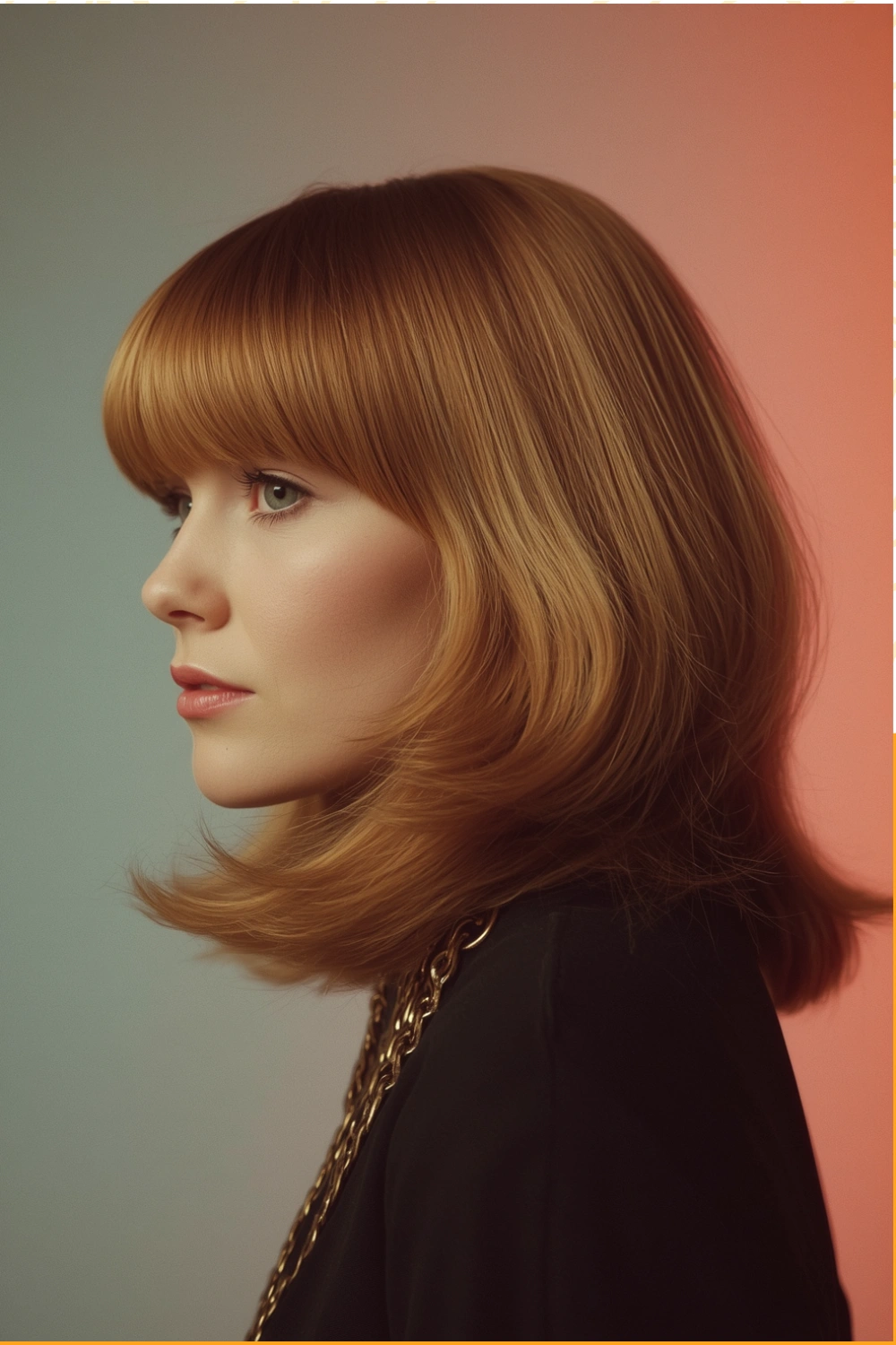 Classic 70s feathered shag haircut with full fringe