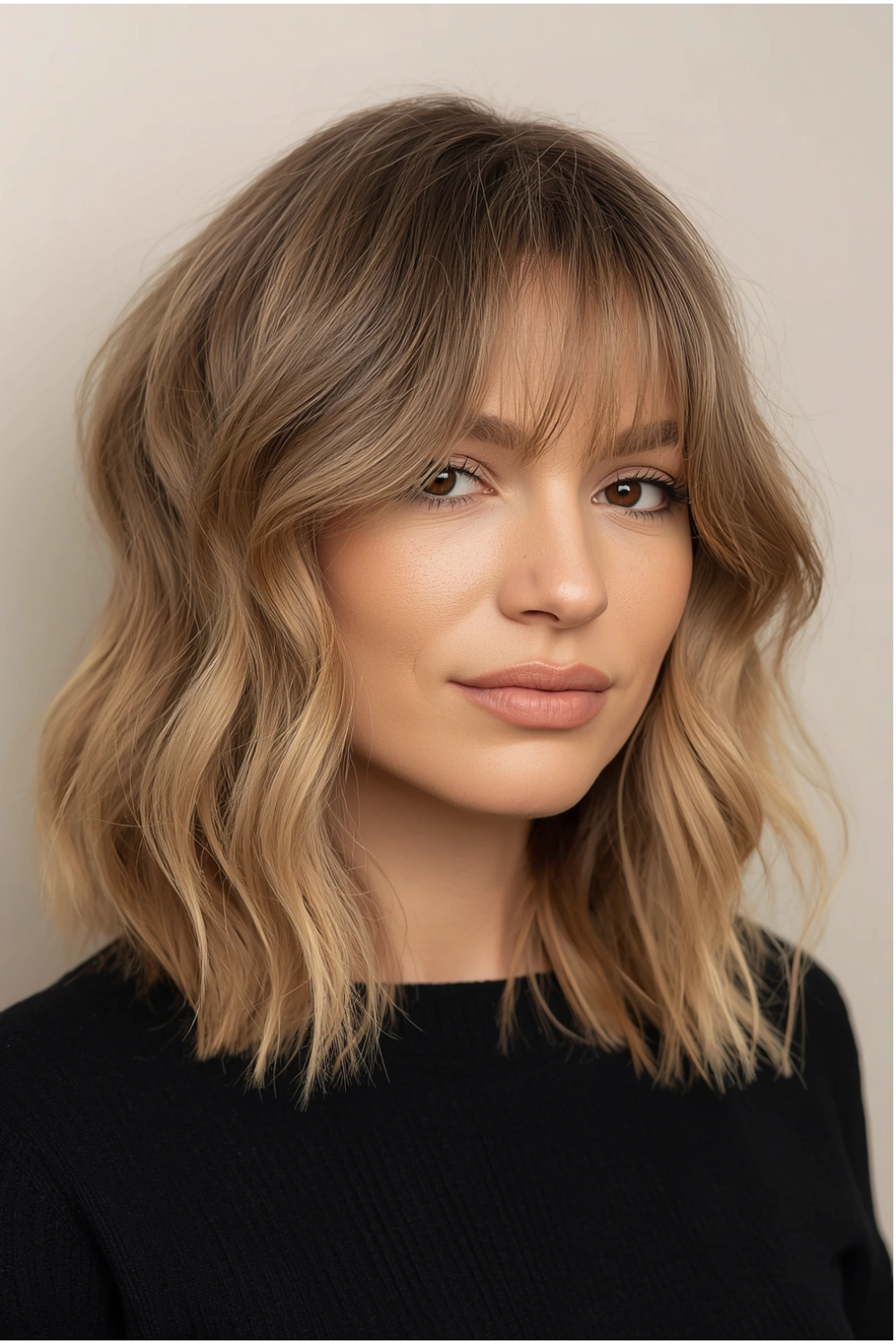 Modern shag haircut with curtain bangs styled naturally