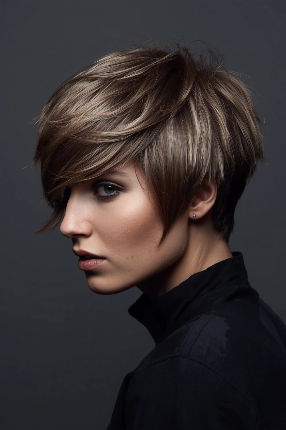 Wolf cut hairstyle with shaggy layered crown