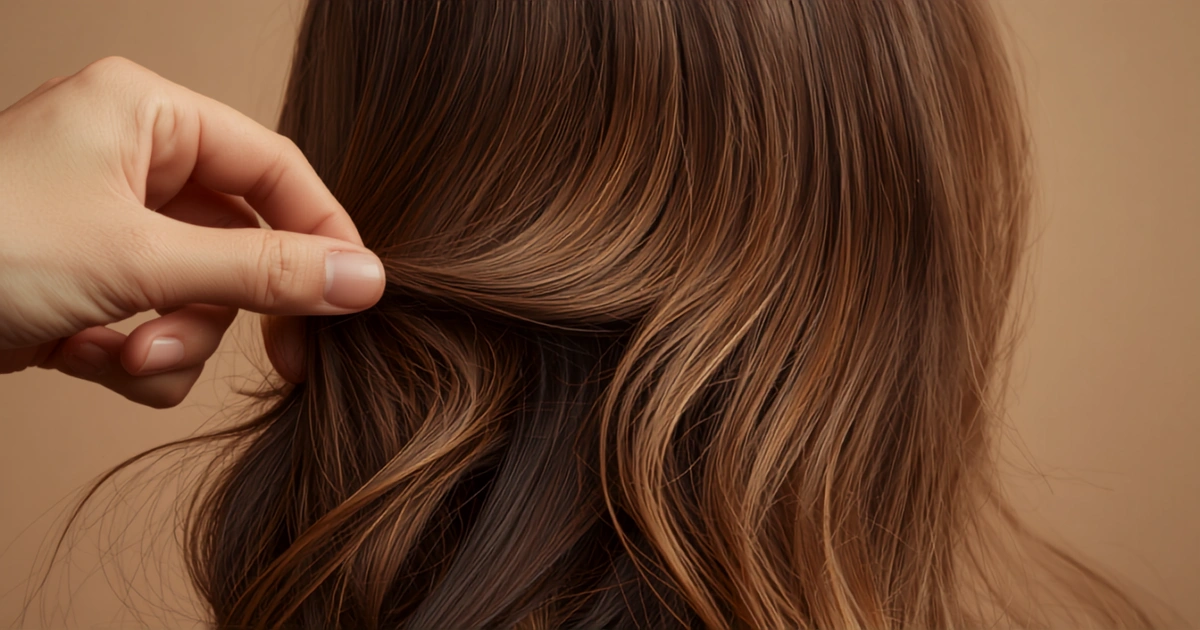 Woman with long layered haircut and curtain bangs showing movement and volume