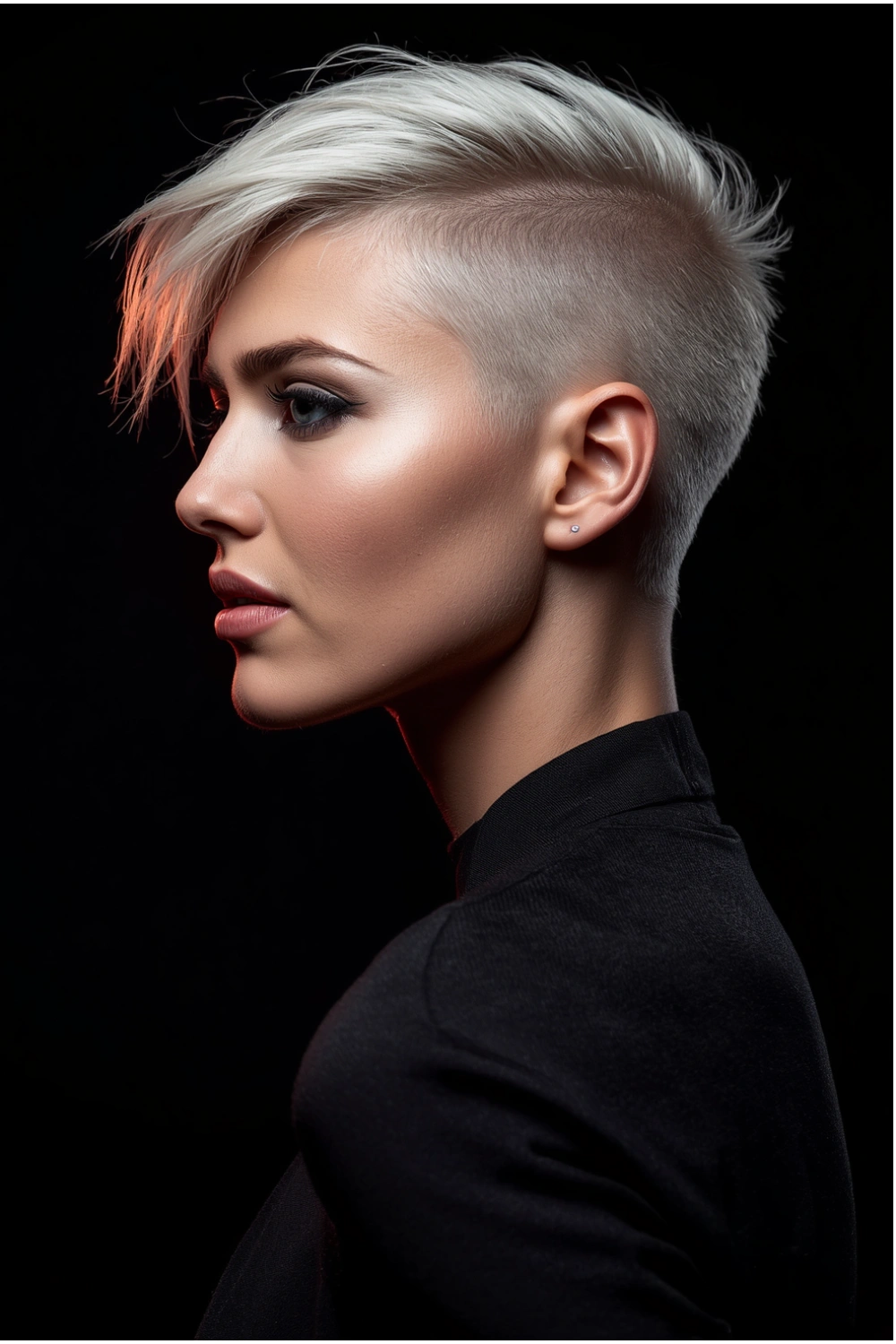 Edgy undercut pixie haircut with platinum blonde color and shaved sides