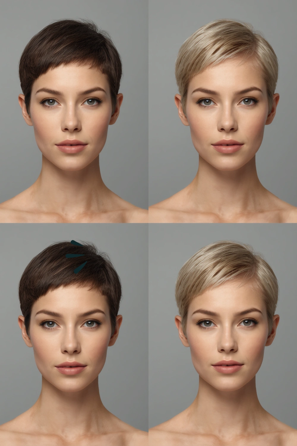 Pixie haircut ideas for round, square, oval, and heart face shapes side by side