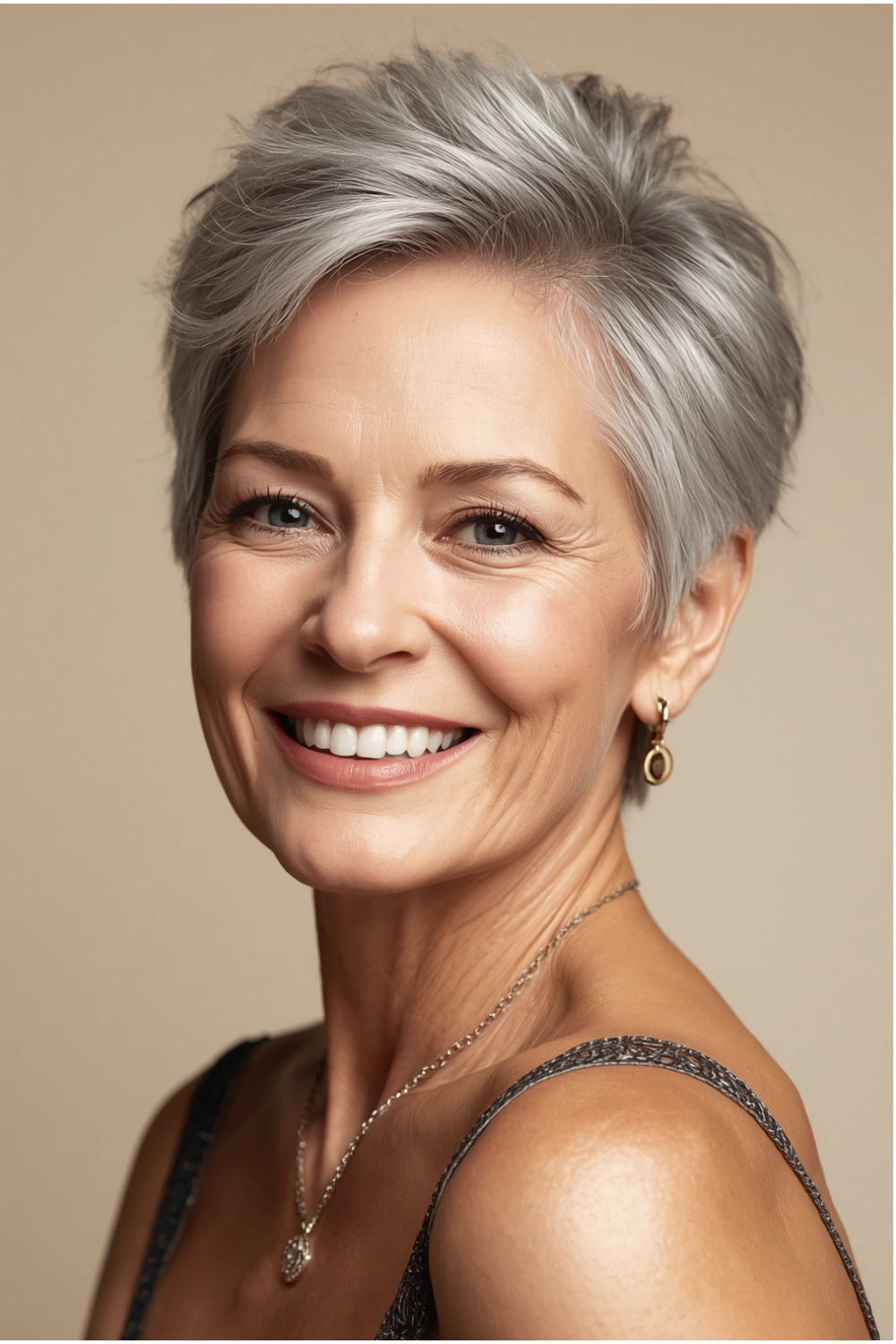 Silver gray pixie haircut with volume at the crown for women over 60