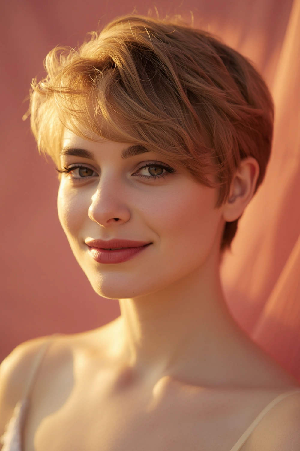 Soft feminine pixie haircut with curtain bangs and natural texture